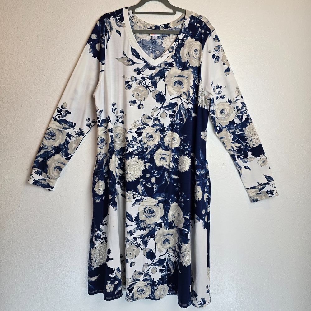 LuLaRoe Emily Dress Womens XL Blue White Floral Print Pockets Long Sleeve V Neck